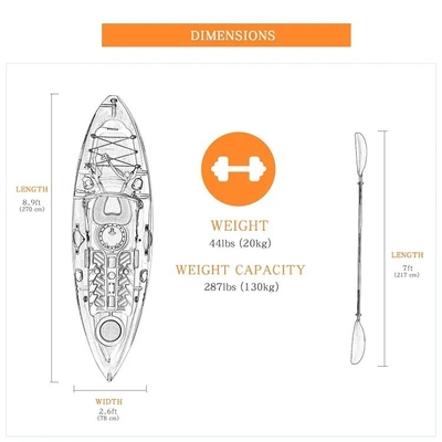 270*78*40cm de HDPE plástico transparente Canoa/Kayak para esportes aquáticos e pesca no oceano
